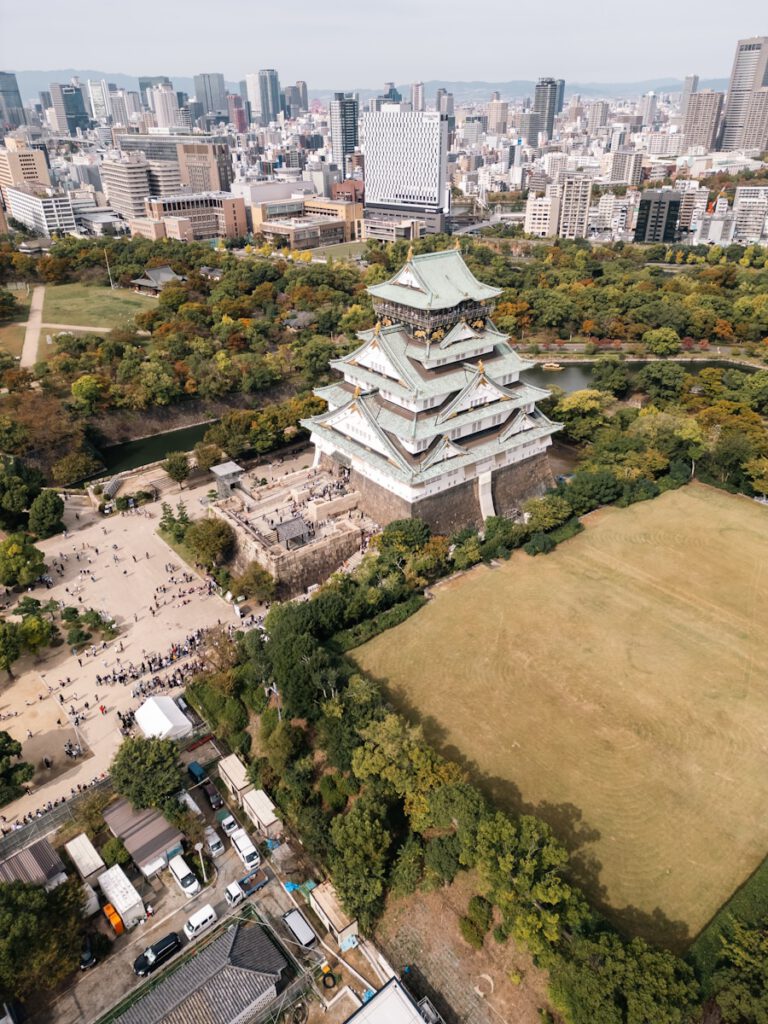 An aerial view of a city with tall buildings